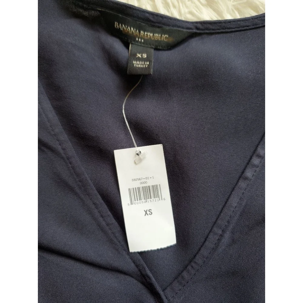 Women's Banana Republic Blouse Size XS Navy Blue Puff Sleeve Cinched Waist NEW